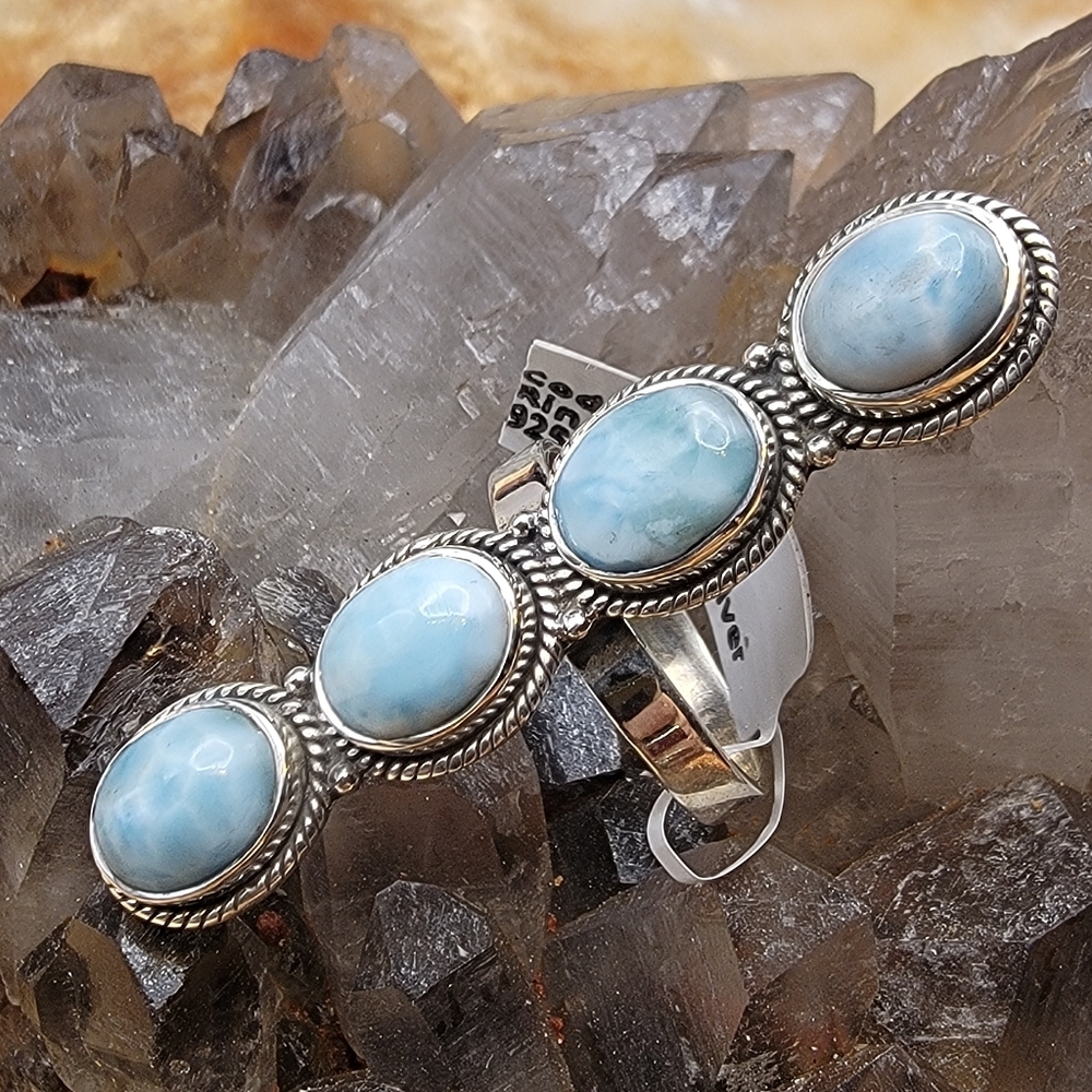 Sterling Silver Blue Larimar Ring Size 8 – 4 Stone Oval Cabochon Statement Ring